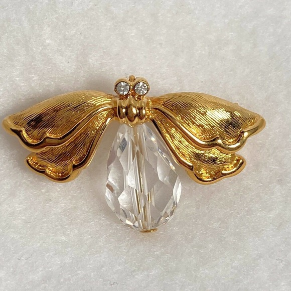 NAPIER 24k Gold Plated White Faceted Crystal Firefly BOOK Piece Brooch Pin - Picture 3 of 6